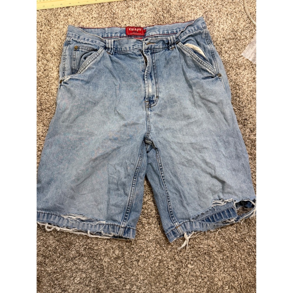Chaps Denim Mens Carpenter Shorts Light Wash Blue Distressed Frayed Size 32